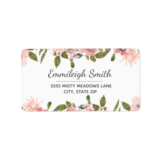 Blush Pink Watercolor Floral Garden on White Label (Front)