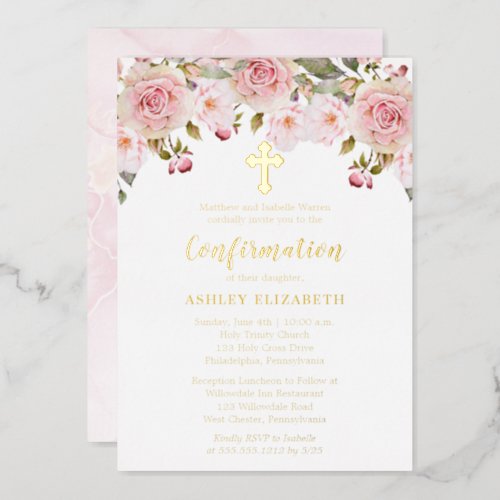 Blush Pink Watercolor Floral Girl Confirmation Foil Invitation