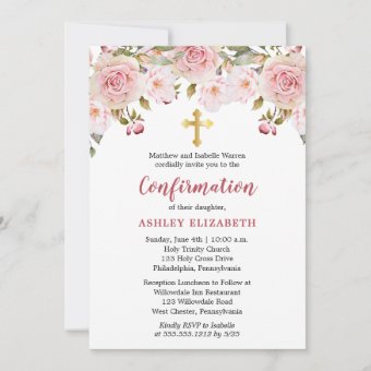 Blush Pink Watercolor Floral Girl Confirmation Invitation | Zazzle