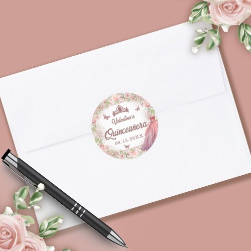 Blush Pink Watercolor Floral Glitter Quinceanera Classic Round Sticker