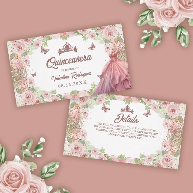 Blush Pink Watercolor Floral Glitter Quinceanera Enclosure Card (Rose Gold Glitter Floral Sparkle Quinceanera Enclosure Card)
