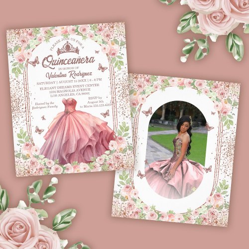 Blush Pink Watercolor Floral Glitter Quinceanera Flyer
