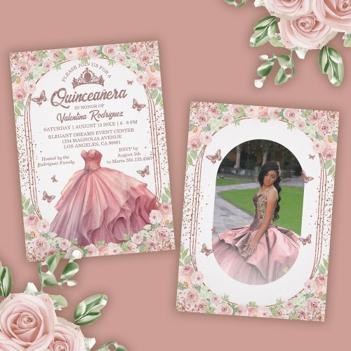 Blush Pink Watercolor Floral Glitter Quinceanera Invitation