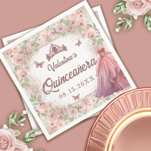 Blush Pink Watercolor Floral Glitter Quinceanera Napkins