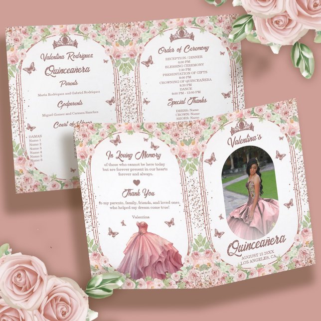 Blush Pink Watercolor Floral Glitter Quinceanera Program (Spanish Photo Rose Gold Blush Pink Quinceanera Program)