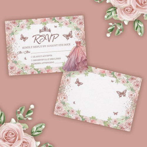 Blush Pink Watercolor Floral Glitter Quinceanera RSVP Card