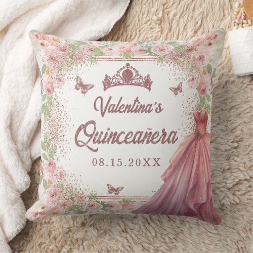 Blush Pink Watercolor Floral Glitter Quinceanera Throw Pillow