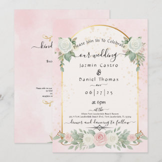 Blush Pink Watercolor Floral Gold Arch Wedding Invitation