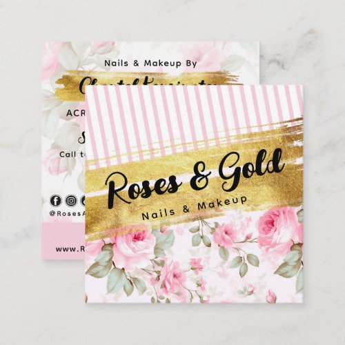 Blush Pink Watercolor Floral Gold Shabby QR Code Square Business Card