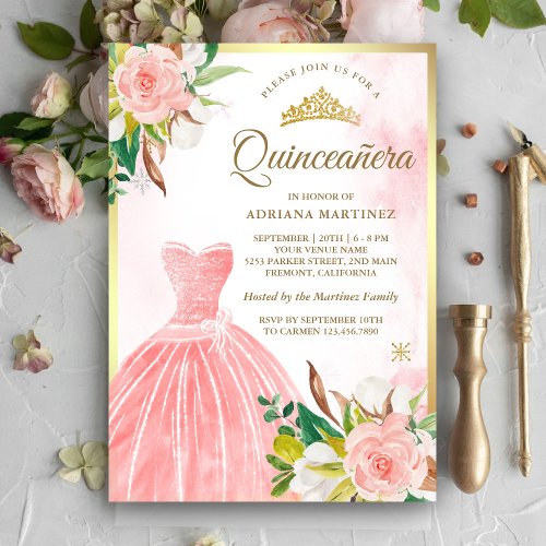 Blush Pink Watercolor Floral Gown Gold Quinceanera Invitation