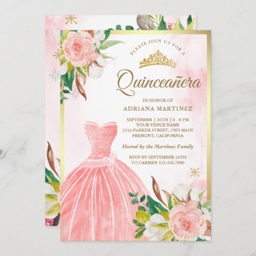 Blush Pink Watercolor Floral Gown Gold Quinceanera Invitation