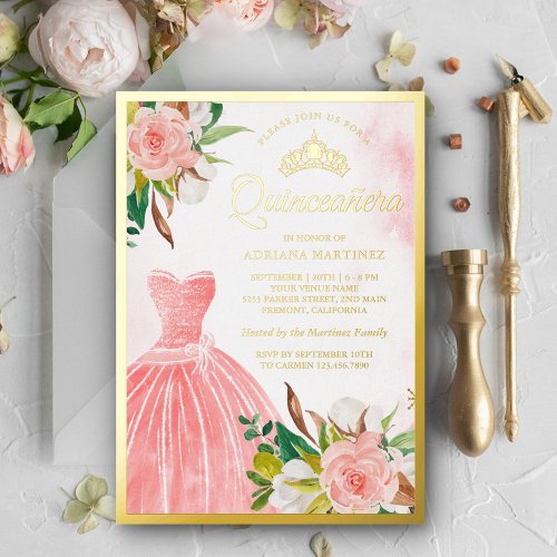 Blush Pink Watercolor Floral Gown Quinceanera Gold Foil Invitation