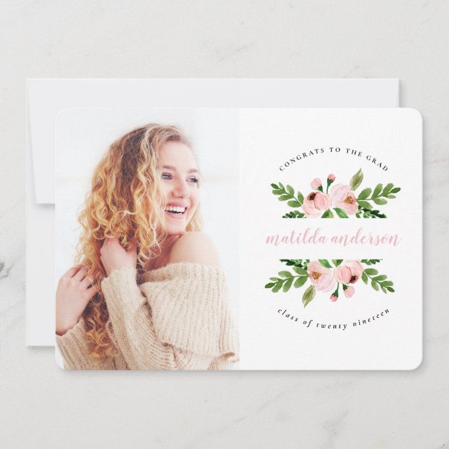 Blush pink watercolor floral graduation photo announcement (Front)