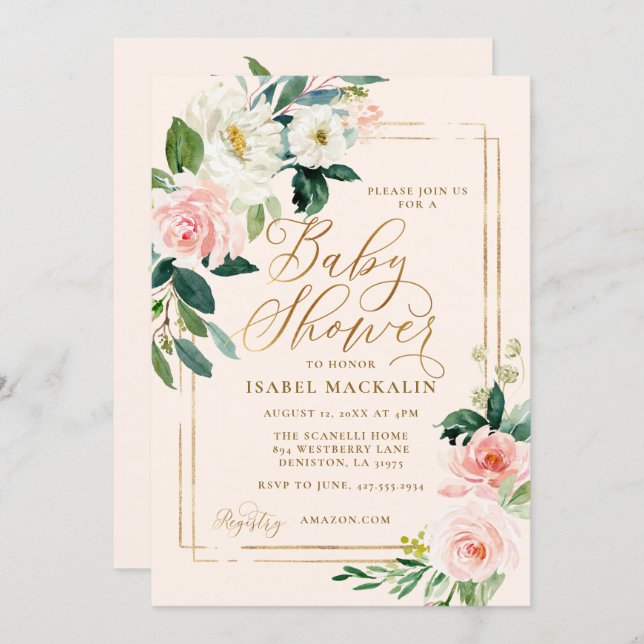 Blush Pink Watercolor Floral Greenery Baby Shower Invitation (Front/Back)