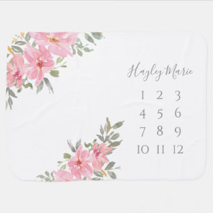 Blush Pink Watercolor Floral Greenery Milestone Baby Blanket