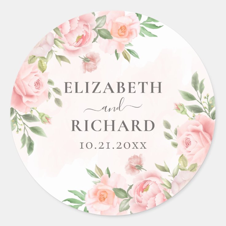 Blush Pink Watercolor Floral Greenery Wedding Classic Round Sticker ...