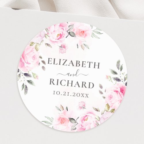 Blush Pink Watercolor Floral Greenery Wedding Classic Round Sticker
