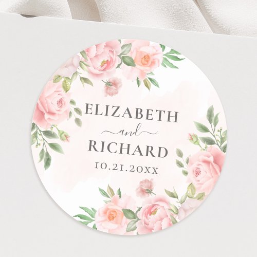 Blush Pink Watercolor Floral Greenery Wedding Classic Round Sticker