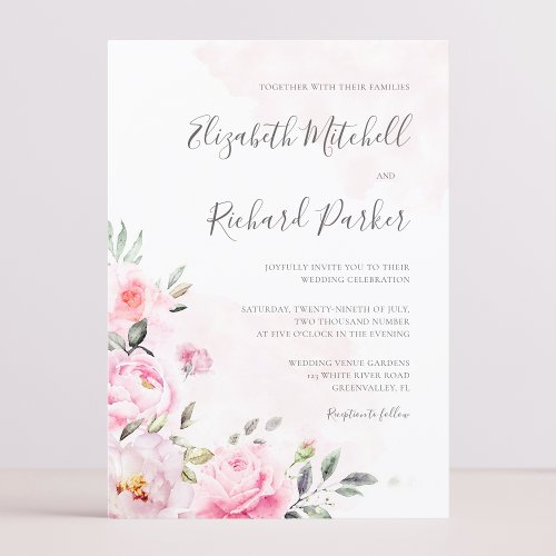 Blush Pink Watercolor Floral Greenery Wedding Invitation