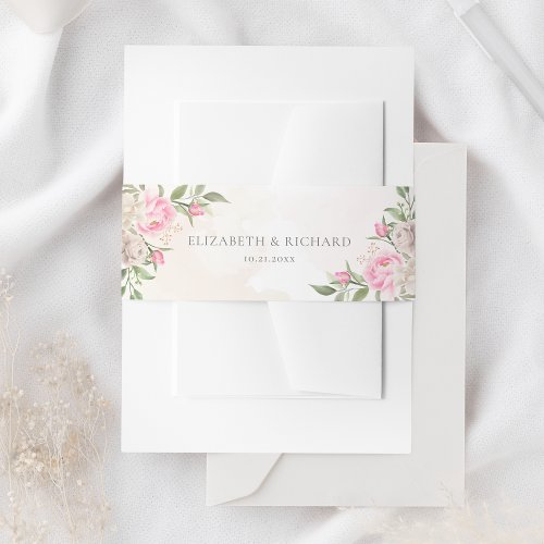 Blush Pink Watercolor Floral Greenery Wedding Invitation Belly Band