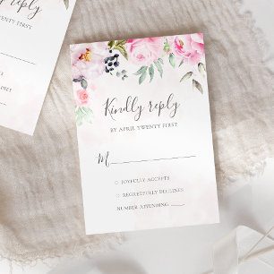 Blush Pink Watercolor Floral Greenery Wedding RSVP Card