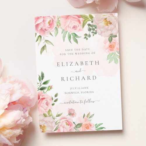 Blush Pink Watercolor Floral Greenery Wedding Save The Date