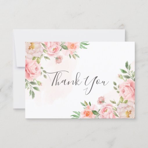 Blush Pink Watercolor Floral Greenery Wedding Thank You Card | Zazzle