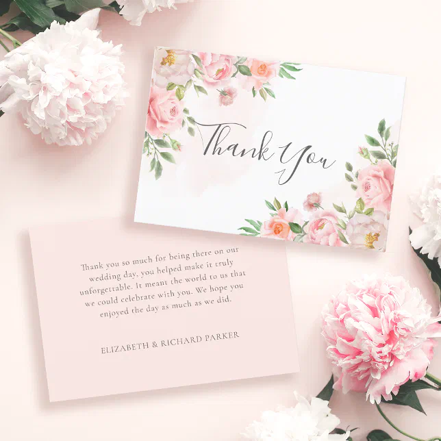 Blush Pink Watercolor Floral Greenery Wedding Thank You Card | Zazzle