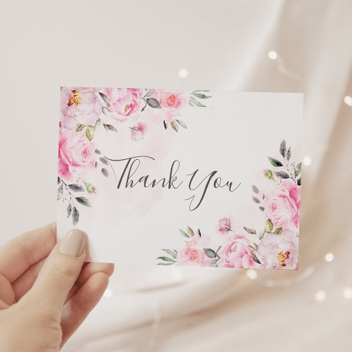 Blush Pink Watercolor Floral Greenery Wedding Thank You Card