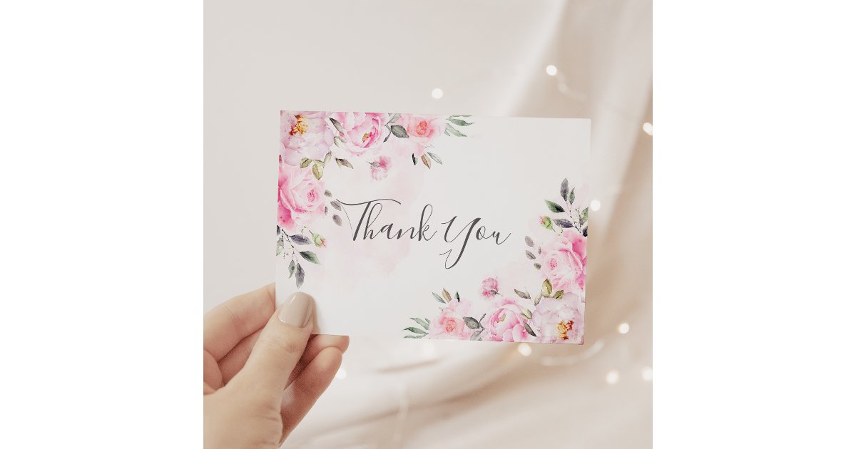 Blush Pink Watercolor Floral Greenery Wedding Thank You Card | Zazzle
