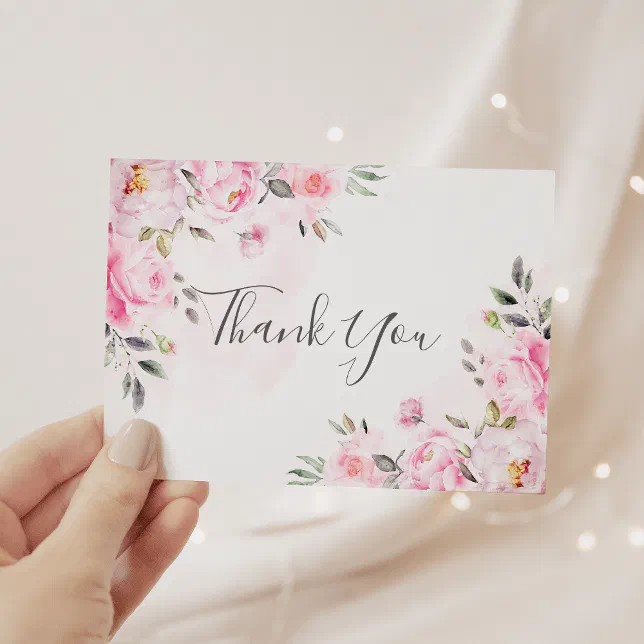 Blush Pink Watercolor Floral Greenery Wedding Thank You Card | Zazzle