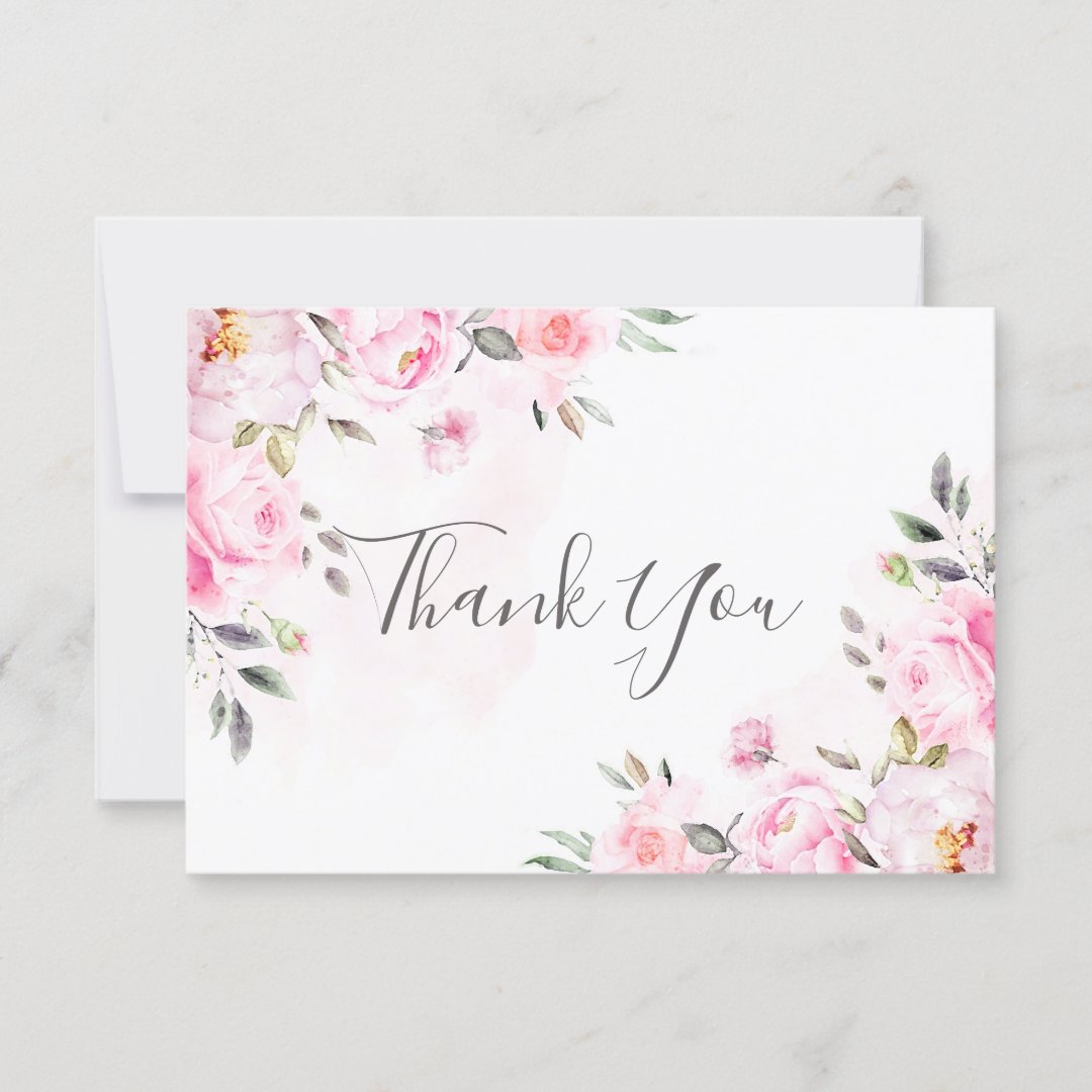 Blush Pink Watercolor Floral Greenery Wedding Thank You Card | Zazzle