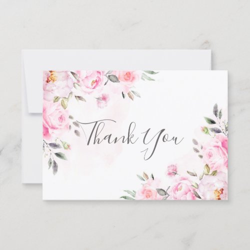 Blush Pink Watercolor Floral Greenery Wedding Thank You Card