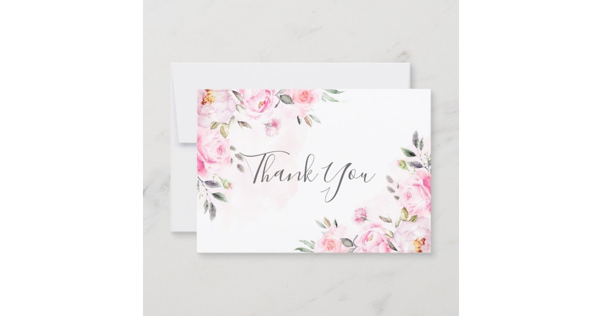 Blush Pink Watercolor Floral Greenery Wedding Thank You Card | Zazzle