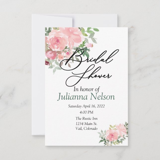 Blush pink watercolor floral  invitation (Front)