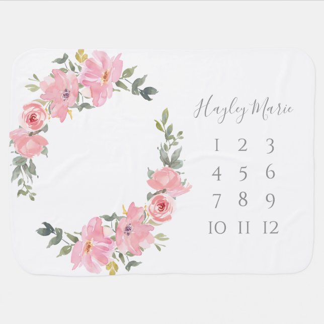 Blush Pink Watercolor Floral Milestone Baby Blanket (Horizontal)