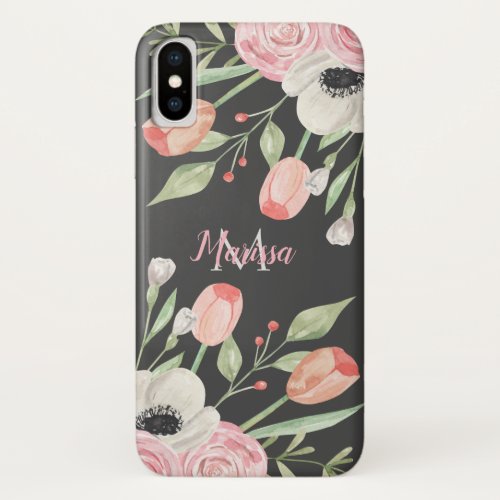 Blush Pink Watercolor Floral Monogram iPhone X Case