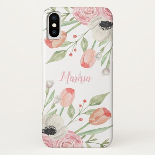 Blush Pink Watercolor Floral Monogram iPhone X Case