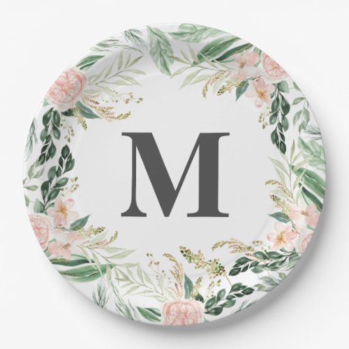 Blush pink watercolor floral monogram initial paper plates