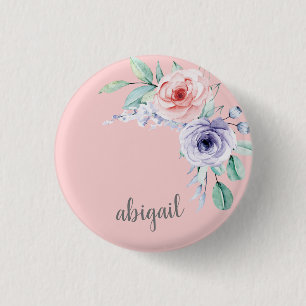 Blush Pink Watercolor Floral Monogram Name Button