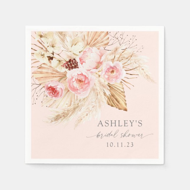 Blush Pink Watercolor floral pampas boho Napkins (Front)