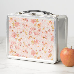 Blush Pink Watercolor Floral Pattern Metal Lunch Box