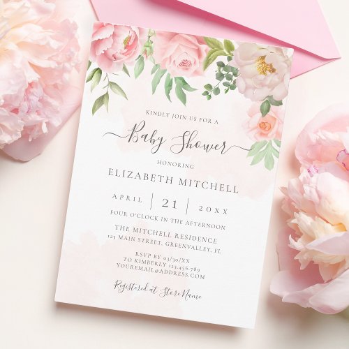 Blush Pink Watercolor Floral Peony Baby Shower Invitation