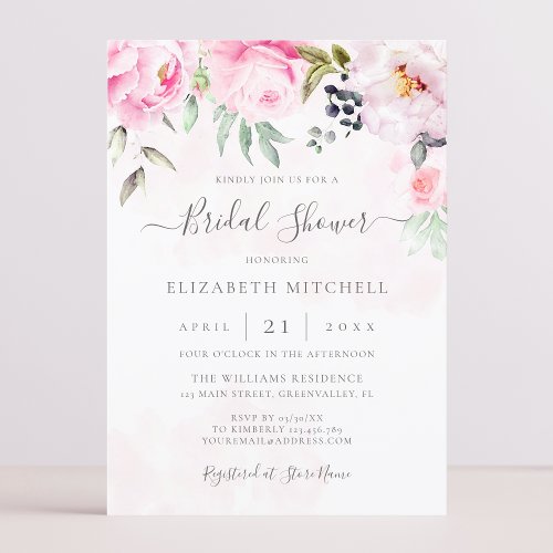Blush Pink Watercolor Floral Peony Bridal Shower Invitation