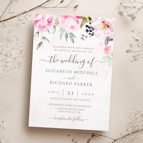 Blush Pink Watercolor Floral Peony Wedding Invitation