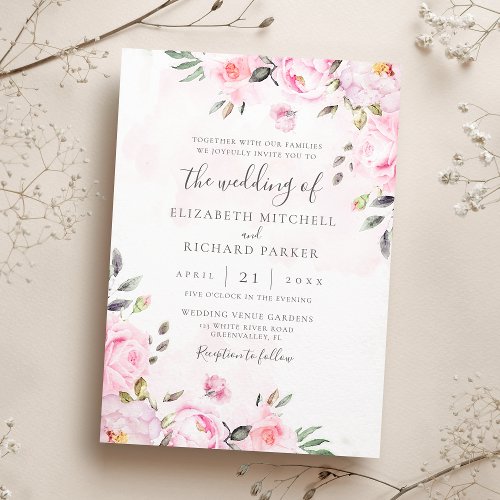 Blush Pink Watercolor Floral Peony Wedding Invitation