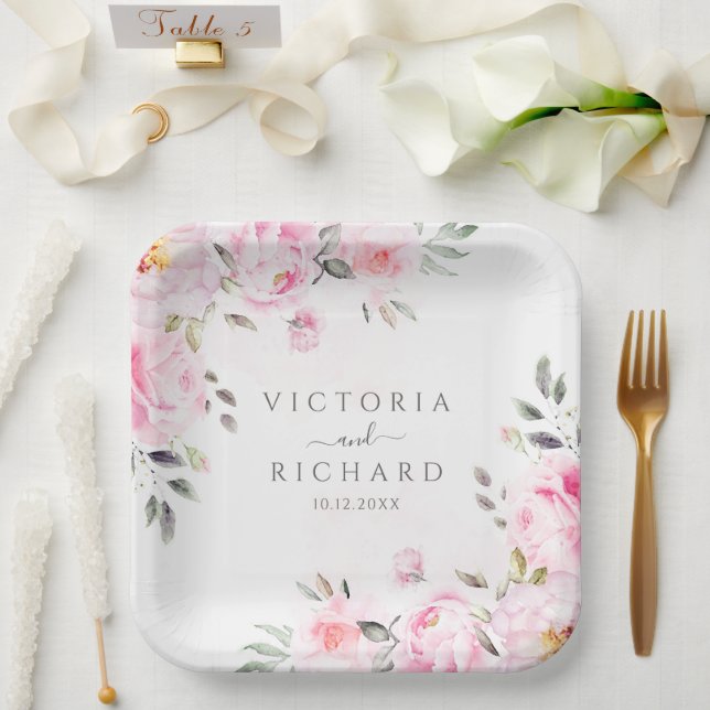 Blush Pink Watercolor Floral Peony Wedding Paper Plates (Wedding)
