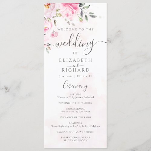 Blush Pink Watercolor Floral Peony Wedding Program