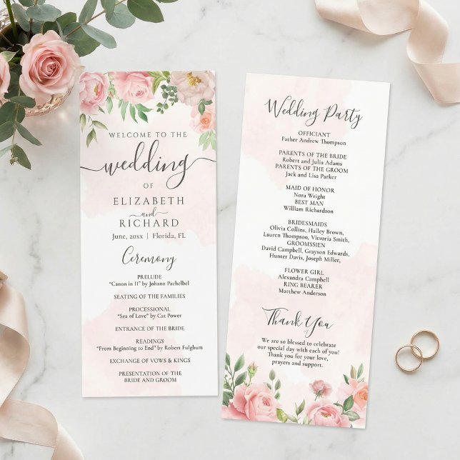 Blush Pink Watercolor Floral Peony Wedding Program (Creator Uploaded)