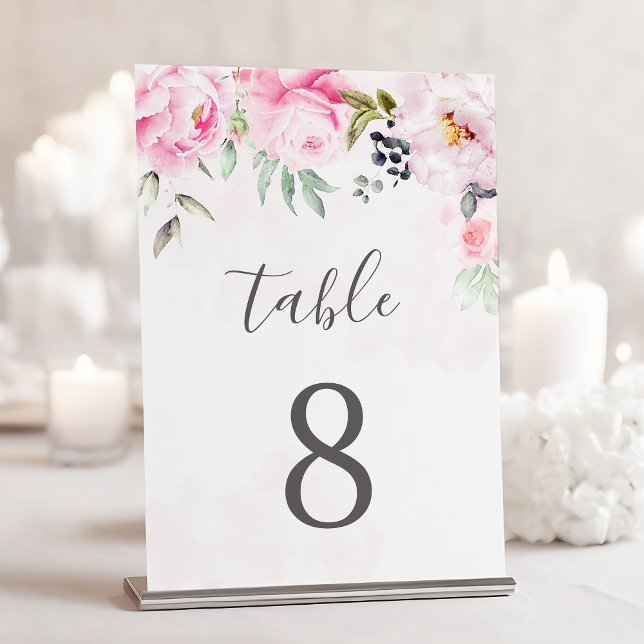 Blush Pink Watercolor Floral Peony Wedding Table Number (Creator Uploaded)
